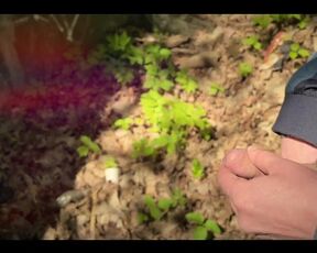 Bearded guy pissing in the forest. A man relieves himself in nature