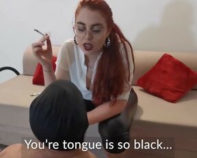 Sexy red head Mistress Aya Queen IL humiliates her human ashtray while smoking