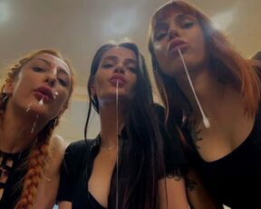 POV Triple Spitting Femdom Close-Up From Mistresses Kira, Sofi and Agma