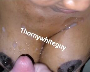 Horny white guy unloading on gorgeous ebony Haitian MILF tits